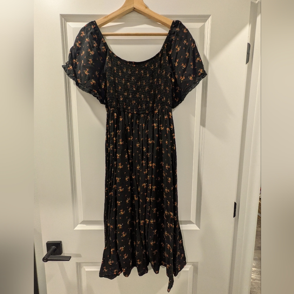 Black and Orange Floral Midi Dress